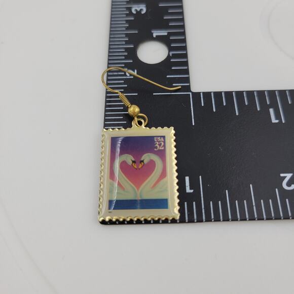 Swan Love 32 Cent Stamp Dangle Earrings Heart Gold Tone Postage Mail USA - Picture 11 of 12